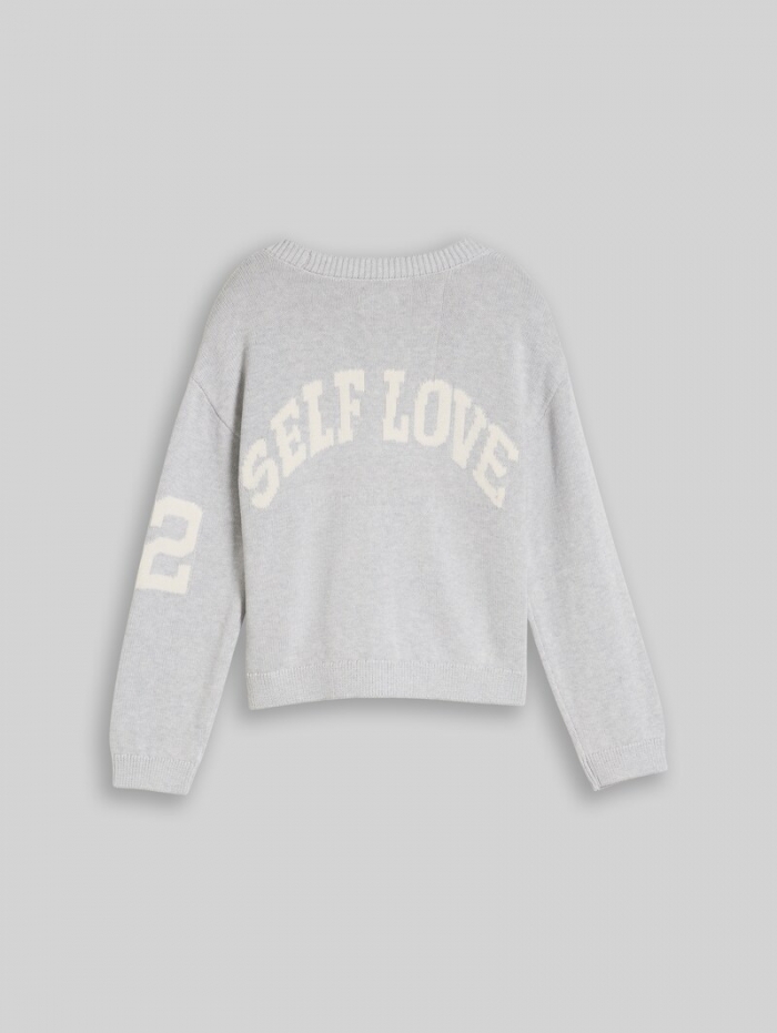 Tom Tailor Jacquard Cardigan mit Schriftzug auf der Rückseite - Light Stone Grey Melange Tom Tailor Jacquard Cardigan mit Schriftzug auf der Rückseite - Light Stone Grey Melange