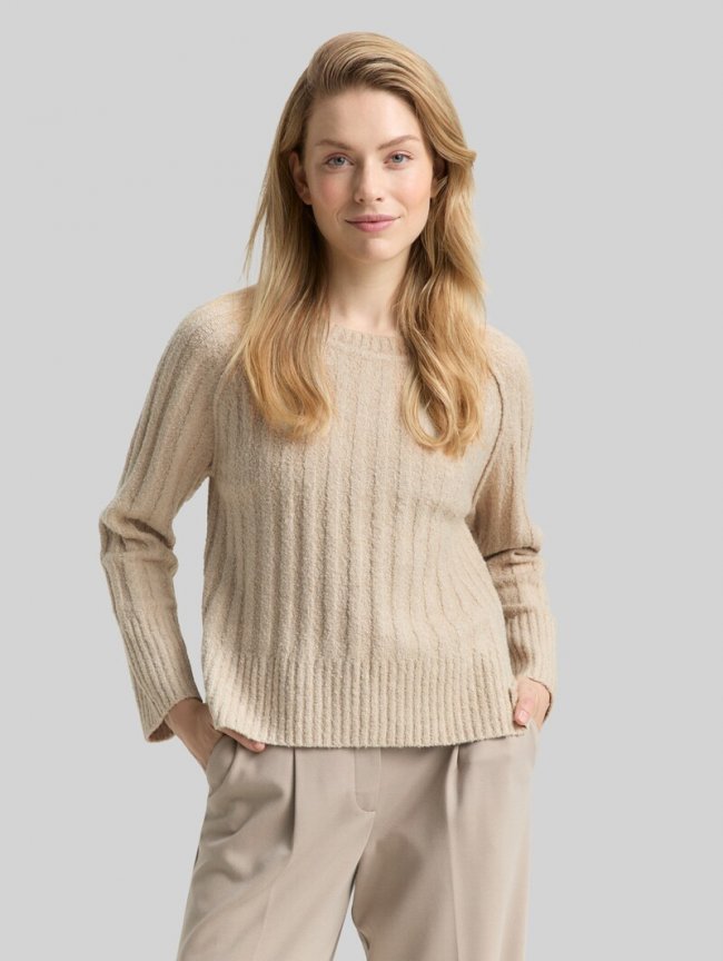 Tom Tailor Bouclé Strickpullover mit Wollanteil - Sand Stone Beige Melange Tom Tailor Bouclé Strickpullover mit Wollanteil - Sand Stone Beige Melange