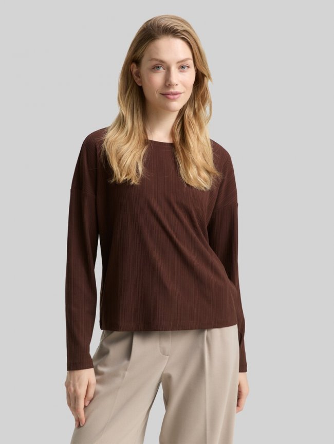 Tom Tailor Loose Fit Langarmshirt mit Rippstruktur - Dark Pecan Brown Tom Tailor Loose Fit Langarmshirt mit Rippstruktur - Dark Pecan Brown