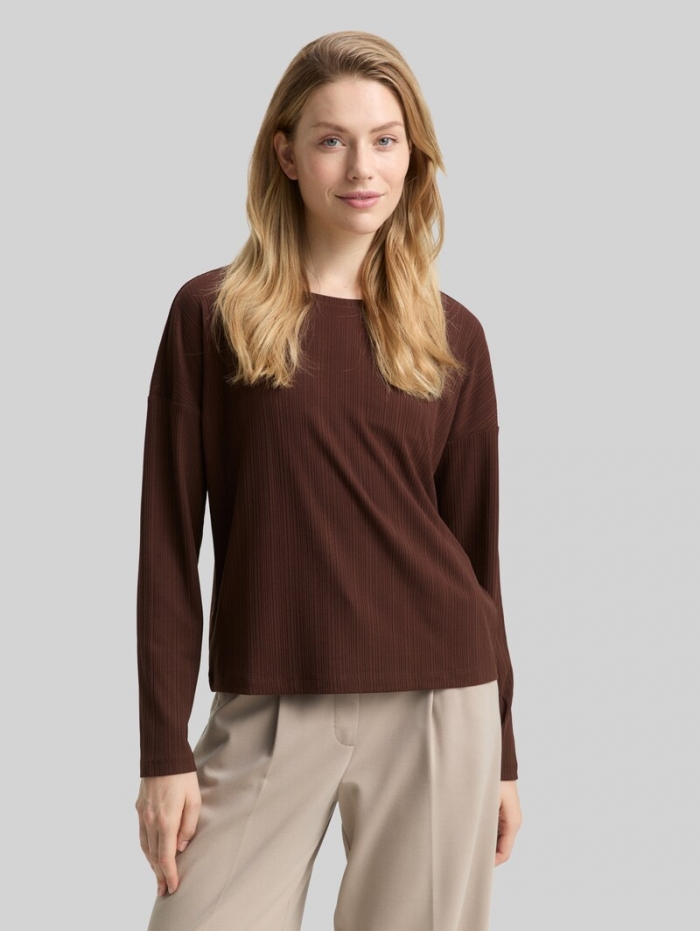 Tom Tailor Loose Fit Langarmshirt mit Rippstruktur - Dark Pecan Brown Tom Tailor Loose Fit Langarmshirt mit Rippstruktur - Dark Pecan Brown