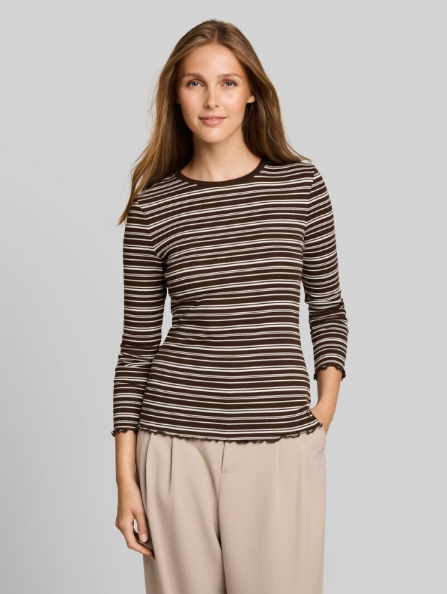 Tom Tailor Slim Fit Langarmshirt mit gewellten Saumkanten - Brown White Irregular Stripe Tom Tailor Slim Fit Langarmshirt mit gewellten Saumkanten - Brown White Irregular Stripe