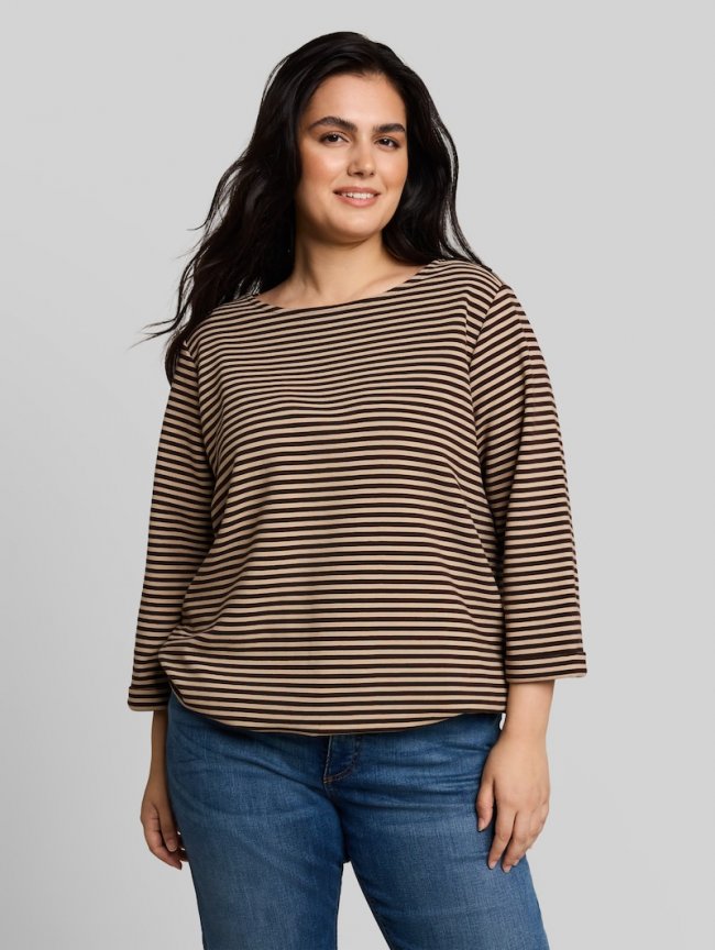 Tom Tailor Plus Size - Langarmshirt mit Knopf-Details - Dark Brown Beige Stripe Tom Tailor Plus Size - Langarmshirt mit Knopf-Details - Dark Brown Beige Stripe