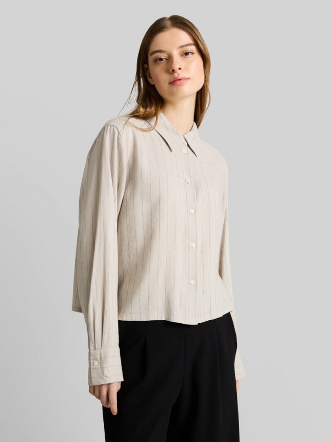Tom Tailor Boxy Fit Hemdbluse mit Schleifen-Detail - Beige Black Vertical Stripe