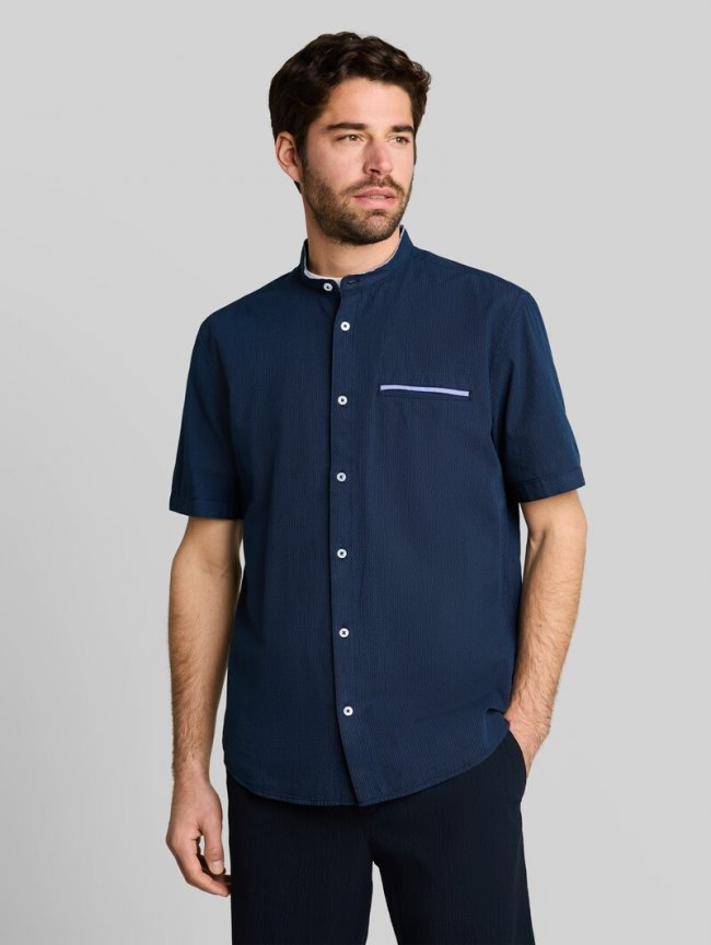 Tom Tailor Regular Fit Kurzarmhemd mit Stehkragen - Navy Small Stripe Tom Tailor Regular Fit Kurzarmhemd mit Stehkragen - Navy Small Stripe
