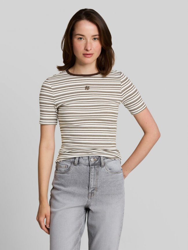 Tom Tailor Slim Fit T-Shirt mit Stickerei - White Brown Irregular Stripe Tom Tailor Slim Fit T-Shirt mit Stickerei - White Brown Irregular Stripe