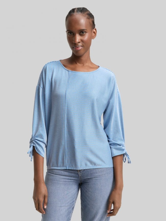 Tom Tailor Loose Fit Langarmshirt mit Raffärmeln - Small Mid Blue White Stripe Tom Tailor Loose Fit Langarmshirt mit Raffärmeln - Small Mid Blue White Stripe