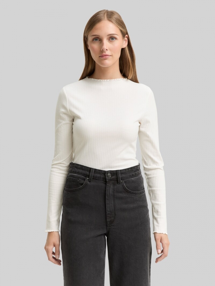 Tom Tailor Ripp Langarmshirt mit Stehkragen - Off White Tom Tailor Ripp Langarmshirt mit Stehkragen - Off White