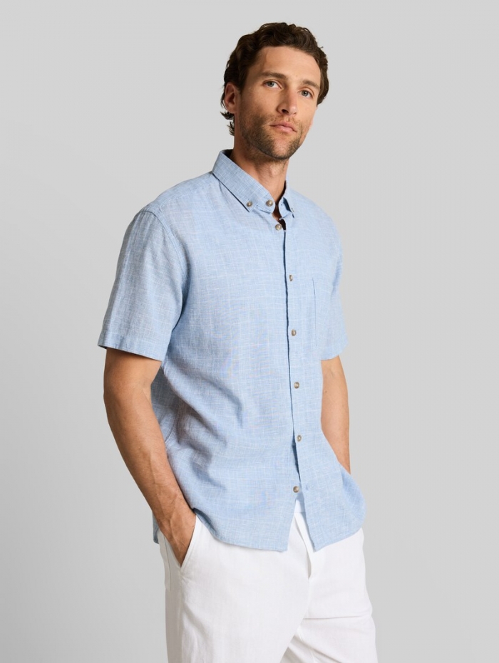 Tom Tailor Regular Fit Kurzarmhemd mit Leinenanteil - Bleeched Blue Check Tom Tailor Regular Fit Kurzarmhemd mit Leinenanteil - Bleeched Blue Check