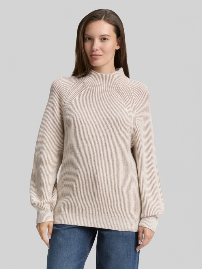 Tom Tailor Loose Fit Strickpullover mit Stehkragen - Soft Taupe Rib Structure Tom Tailor Loose Fit Strickpullover mit Stehkragen - Soft Taupe Rib Structure