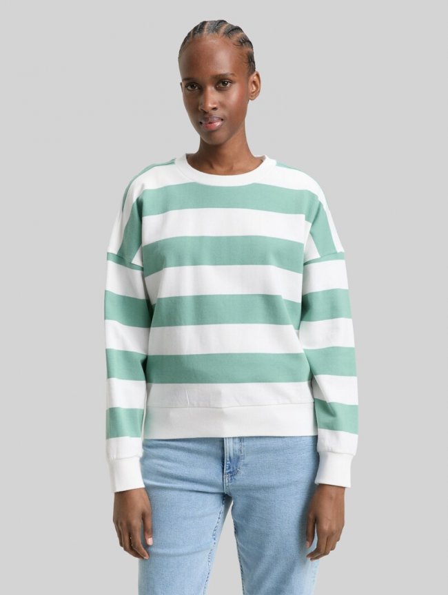 Tom Tailor Loose Fit Sweatshirt - Bleached Green White Stripe Tom Tailor Loose Fit Sweatshirt - Bleached Green White Stripe