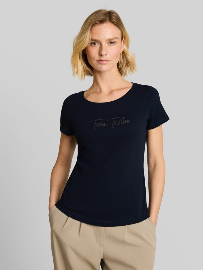 Tom Tailor T-Shirt mit Glitzer-Logo - Sky Captain Blue Tom Tailor T-Shirt mit Glitzer-Logo - Sky Captain Blue