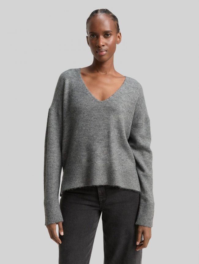 Tom Tailor Relaxed Fit Strickpullover mit V-Ausschnitt - Stormy Gray Melange Tom Tailor Relaxed Fit Strickpullover mit V-Ausschnitt - Stormy Gray Melange
