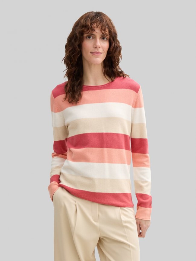 Tom Tailor Strickpullover mit Rundhalsausschnitt - Red Apricot Block Stripe