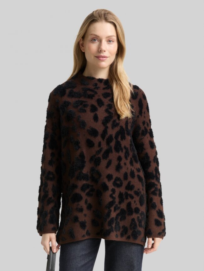 Tom Tailor Oversize Strickpullover mit Leo-Muster - Big Brown Leo Design