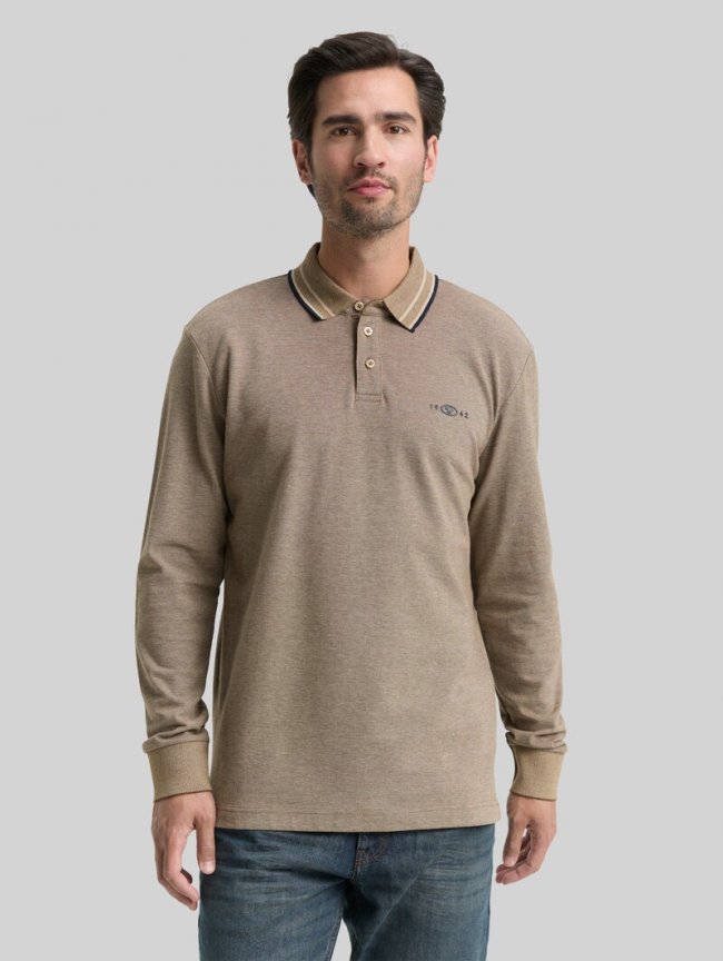 Tom Tailor Langarm Piqué Poloshirt mit Logo-Print - Brown Cashew Beige Two Tone Tom Tailor Langarm Piqué Poloshirt mit Logo-Print - Brown Cashew Beige Two Tone