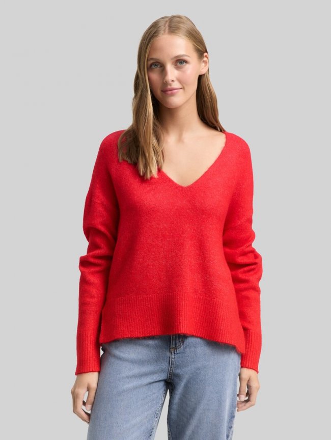 Tom Tailor Relaxed Fit Strickpullover mit V-Ausschnitt - Brilliant Red Tom Tailor Relaxed Fit Strickpullover mit V-Ausschnitt - Brilliant Red