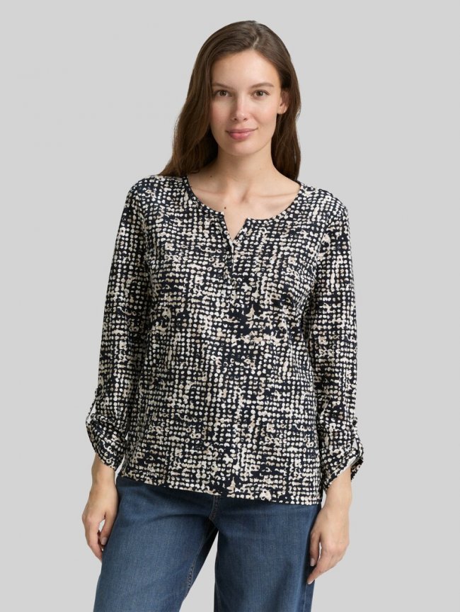 Tom Tailor Henley Blusenshirt mit Muster - Navy Abstract Dot Design Tom Tailor Henley Blusenshirt mit Muster - Navy Abstract Dot Design