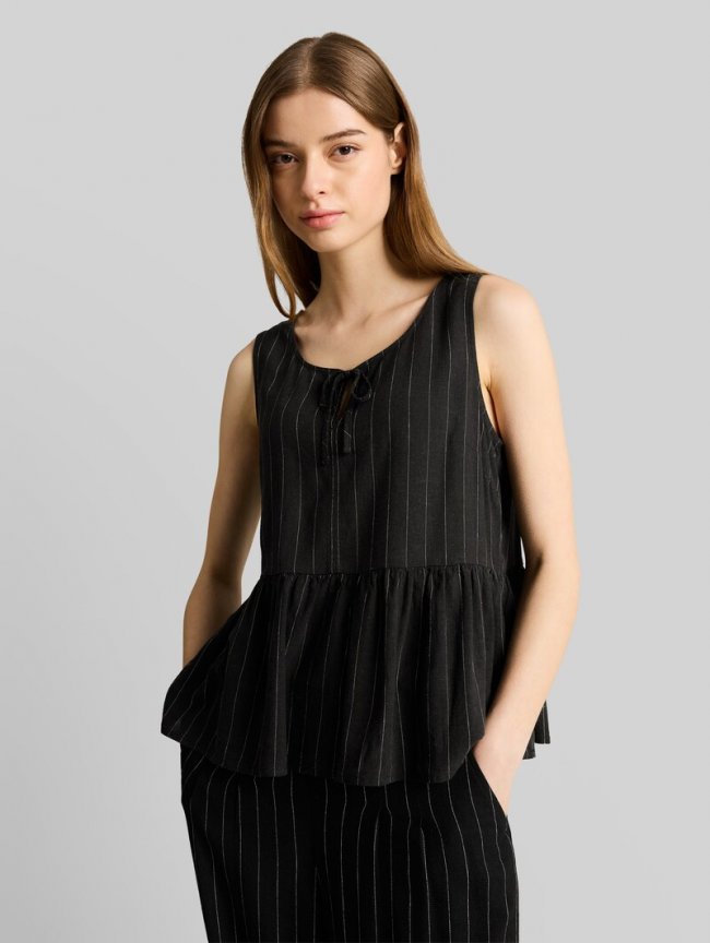 Tom Tailor Blusentop mit Leinenanteil - Black Beige Vertical Stripe Tom Tailor Blusentop mit Leinenanteil - Black Beige Vertical Stripe