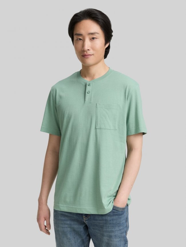 Tom Tailor Henley T-Shirt mit Brusttasche - Dust Green Melange
