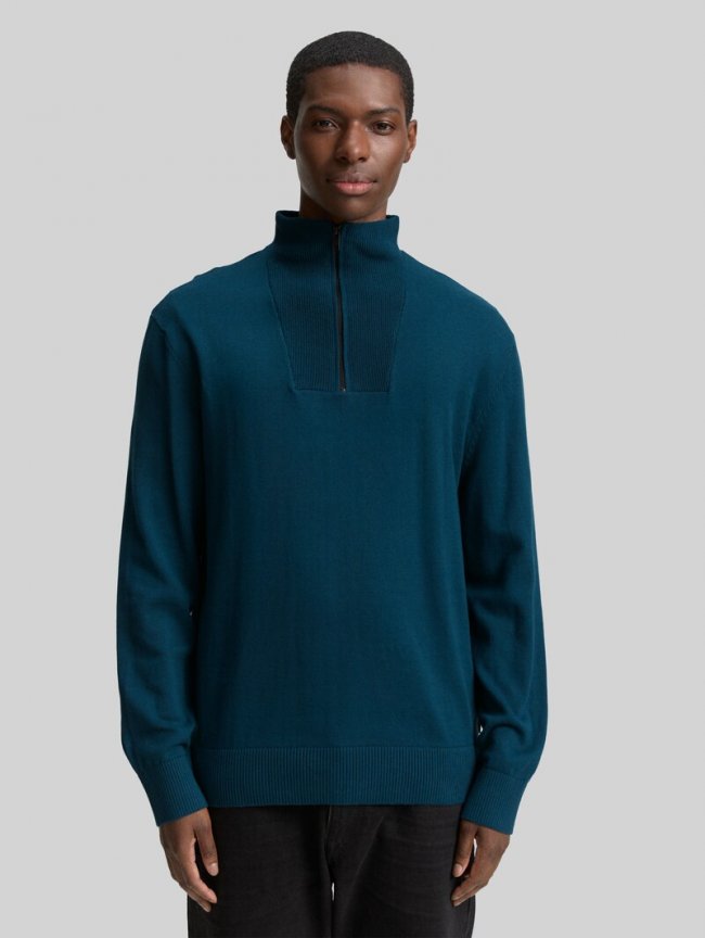 Tom Tailor Troyer Strickpullover aus Baumwolle - Deep Pond Green Tom Tailor Troyer Strickpullover aus Baumwolle - Deep Pond Green