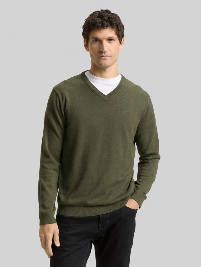 Tom Tailor Strickpullover mit V-Ausschnitt aus Baumwolle - Tea Leaf Melange Tom Tailor Strickpullover mit V-Ausschnitt aus Baumwolle - Tea Leaf Melange
