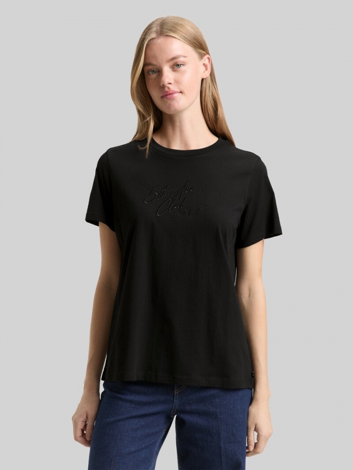 Tom Tailor Loose Fit T-Shirt mit Glitzer-Stickerei - Deep Black Tom Tailor Loose Fit T-Shirt mit Glitzer-Stickerei - Deep Black