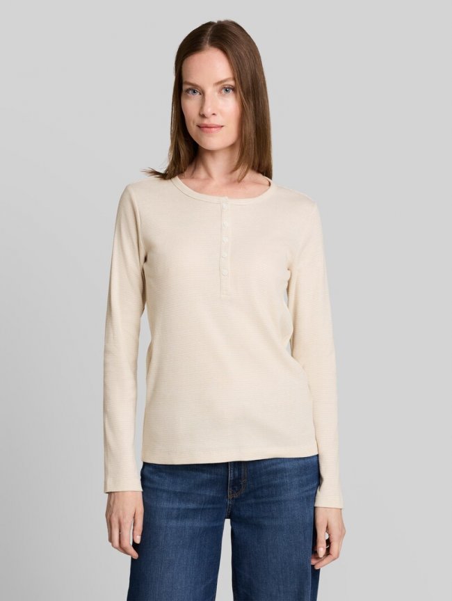 Tom Tailor Henley Langarmshirt mit Rippstruktur - White Gravel Beige Stripe Tom Tailor Henley Langarmshirt mit Rippstruktur - White Gravel Beige Stripe