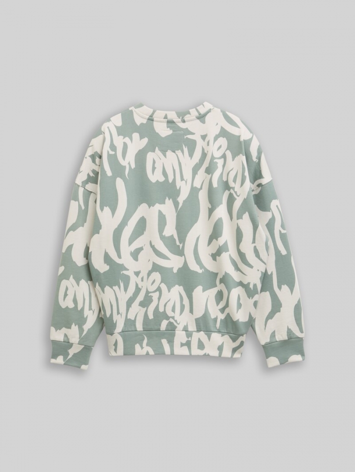 Tom Tailor Oversize Sweatshirt mit Allover-Print - Leaf Green Big Wording Design Tom Tailor Oversize Sweatshirt mit Allover-Print - Leaf Green Big Wording Design