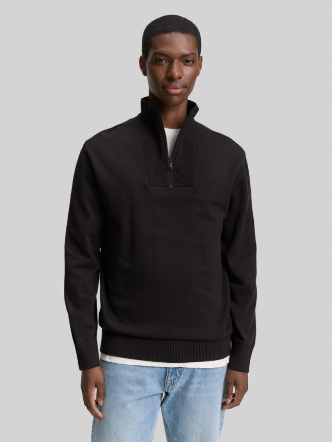 Tom Tailor Troyer Strickpullover aus Baumwolle - Night Watch Black Tom Tailor Troyer Strickpullover aus Baumwolle - Night Watch Black
