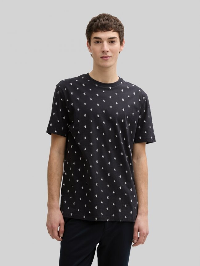 Tom Tailor Alloverprint T-Shirt aus Baumwolle - Black Mini Leaves Print