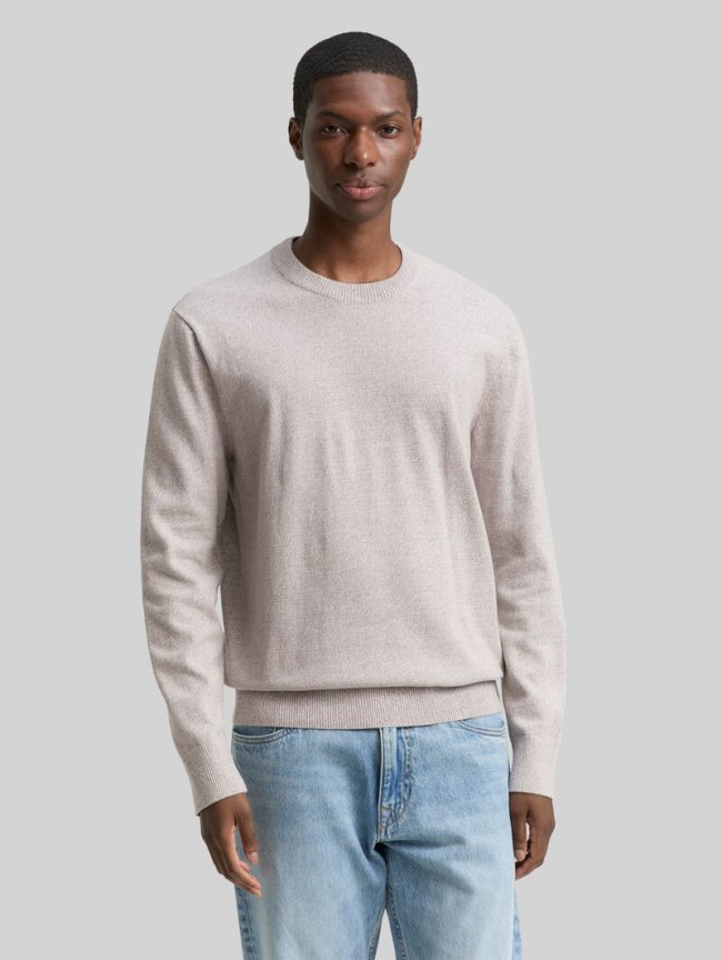 Tom Tailor Basic Strickpullover aus Baumwolle - Greyish Brown White Mouline Tom Tailor Basic Strickpullover aus Baumwolle - Greyish Brown White Mouline
