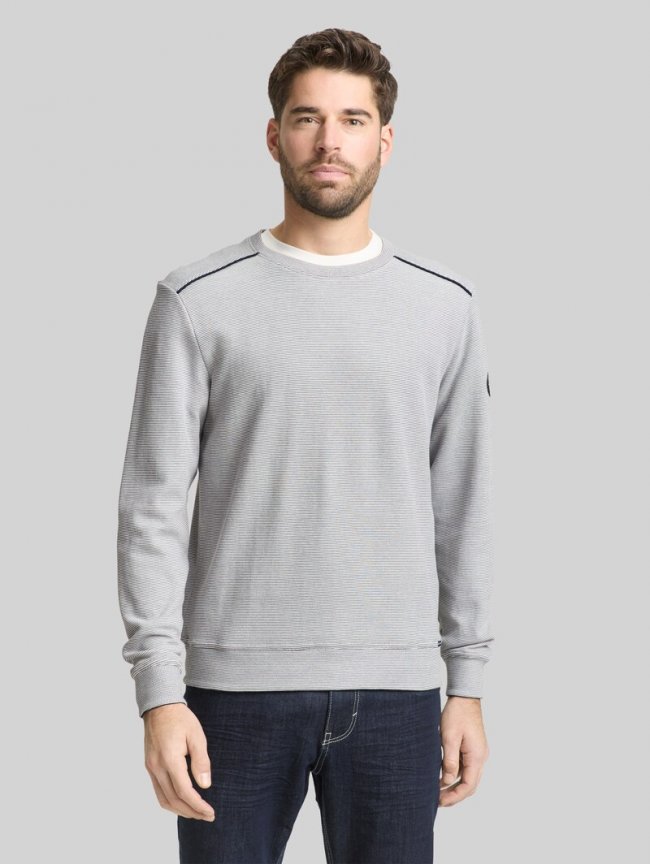 Tom Tailor Sweatshirt mit Logo-Badge - Offwhite Navy Stripe Structure Tom Tailor Sweatshirt mit Logo-Badge - Offwhite Navy Stripe Structure