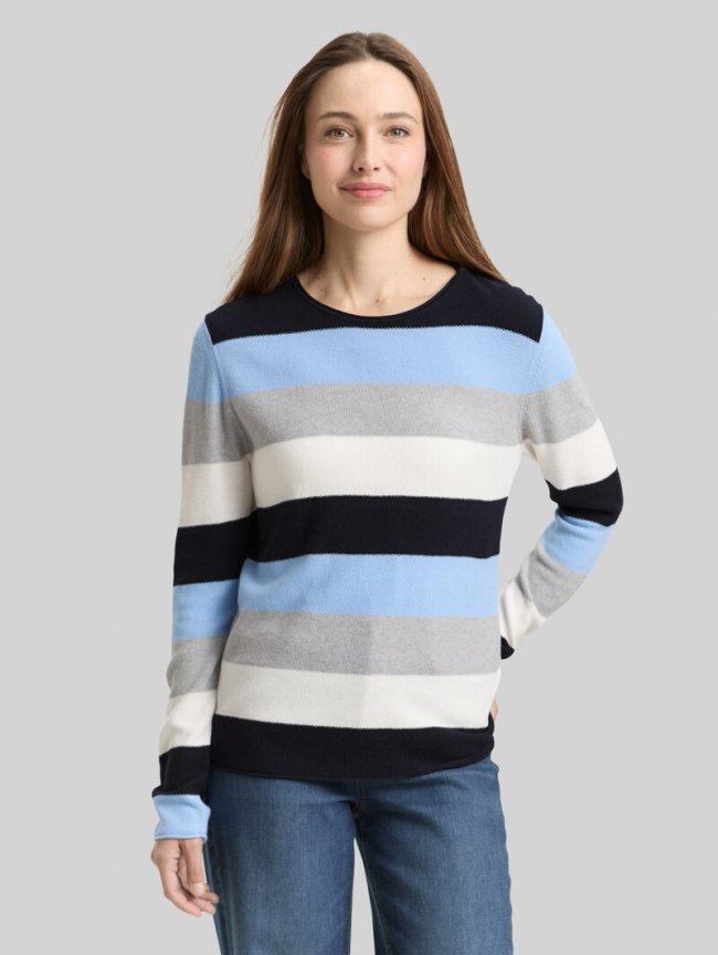 Tom Tailor Strickpullover mit Rundhalsausschnitt - Fjord Blue Grey Stripe Tom Tailor Strickpullover mit Rundhalsausschnitt - Fjord Blue Grey Stripe
