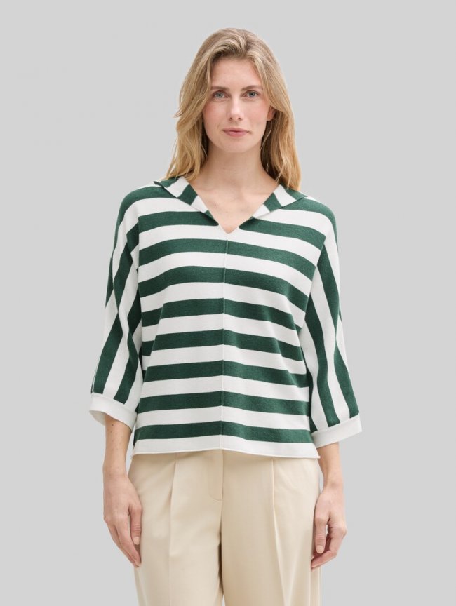 Tom Tailor Loose Fit Strickpullover mit Kapuze - Green Melange Block Stripe Tom Tailor Loose Fit Strickpullover mit Kapuze - Green Melange Block Stripe
