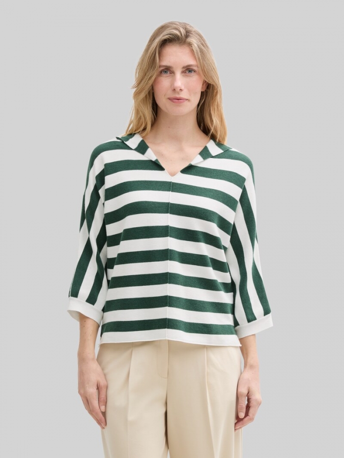 Tom Tailor Loose Fit Strickpullover mit Kapuze - Green Melange Block Stripe Tom Tailor Loose Fit Strickpullover mit Kapuze - Green Melange Block Stripe
