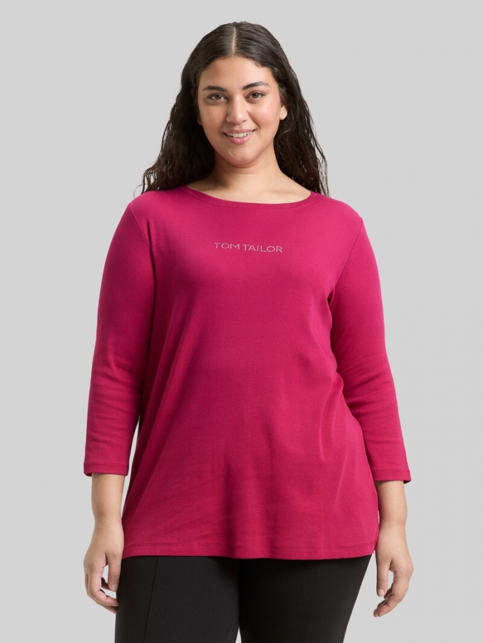 Tom Tailor Plus Size - Slim Fit Langarmshirt mit Glitzer-Logo - Dark Pink Tom Tailor Plus Size - Slim Fit Langarmshirt mit Glitzer-Logo - Dark Pink