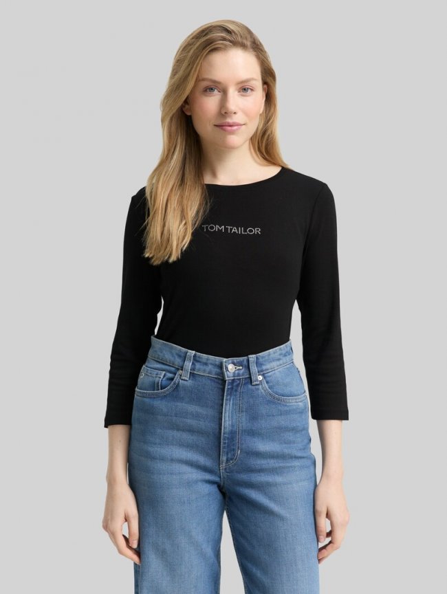 Tom Tailor Slim Fit Langarmshirt mit Glitzer-Logo - Deep Black Tom Tailor Slim Fit Langarmshirt mit Glitzer-Logo - Deep Black