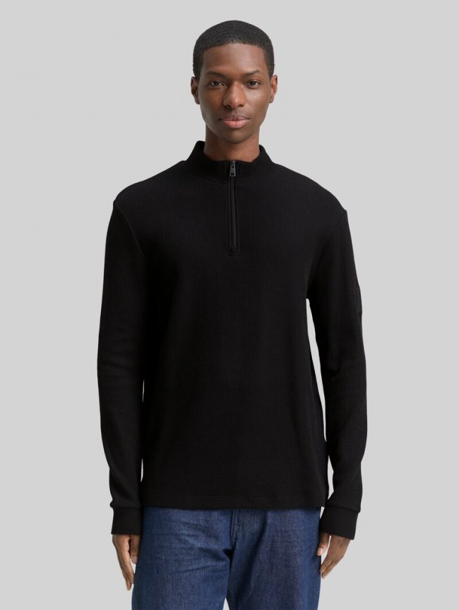 Tom Tailor Troyer Langarmshirt mit Rippstruktur - Black Tom Tailor Troyer Langarmshirt mit Rippstruktur - Black