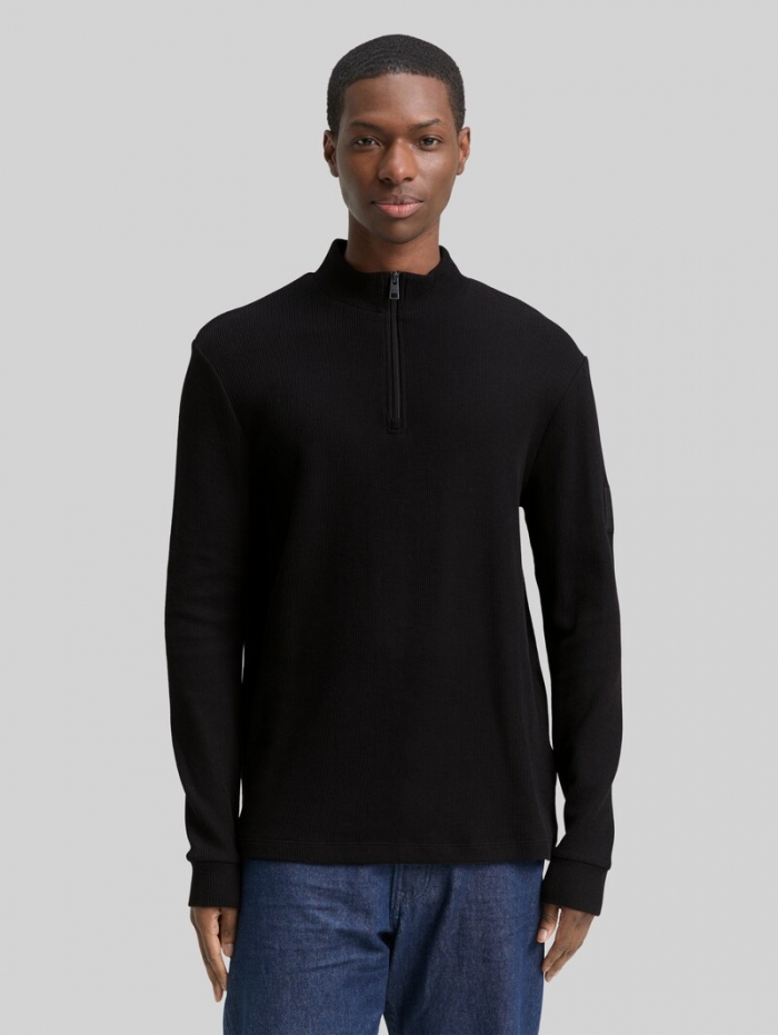 Tom Tailor Troyer Langarmshirt mit Rippstruktur - Black Tom Tailor Troyer Langarmshirt mit Rippstruktur - Black