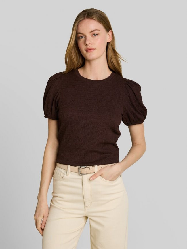 Tom Tailor Crinkle T-Shirt mit Ballonärmeln - Cool Dark Brown Tom Tailor Crinkle T-Shirt mit Ballonärmeln - Cool Dark Brown