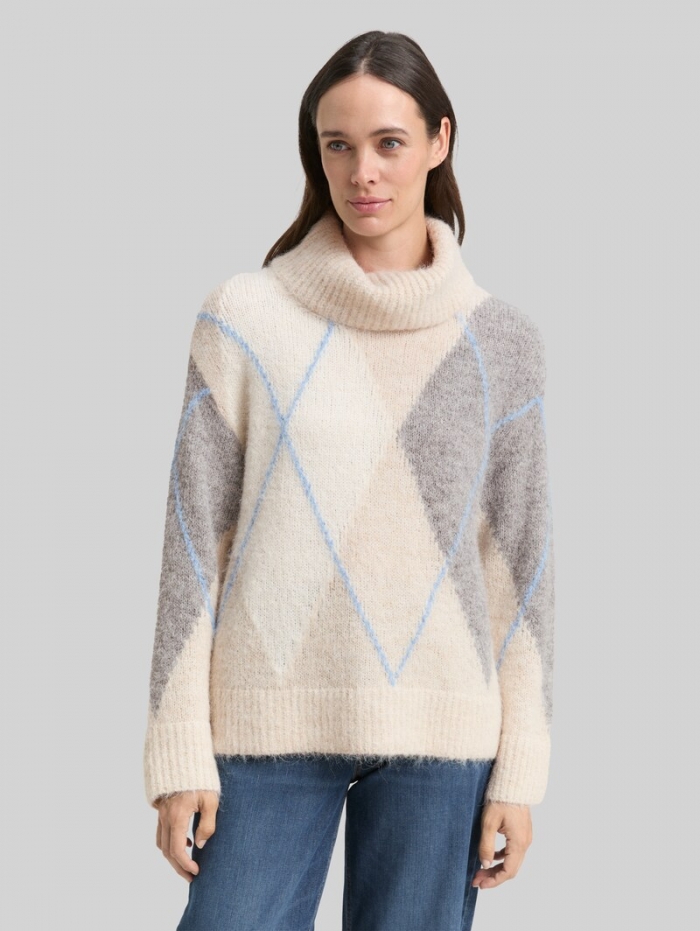 Tom Tailor Oversize Rollkragenpullover mit Wollanteil - Beige Grey Argyle Knit Design Tom Tailor Oversize Rollkragenpullover mit Wollanteil - Beige Grey Argyle Knit Design