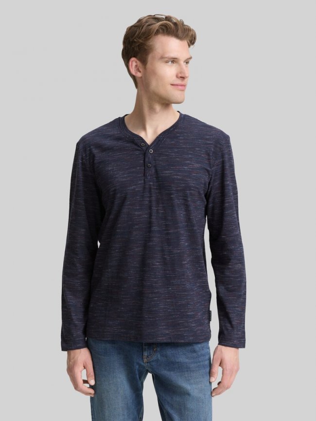 Tom Tailor Serafino Langarmshirt - Navy Red Multi Inject Tom Tailor Serafino Langarmshirt - Navy Red Multi Inject