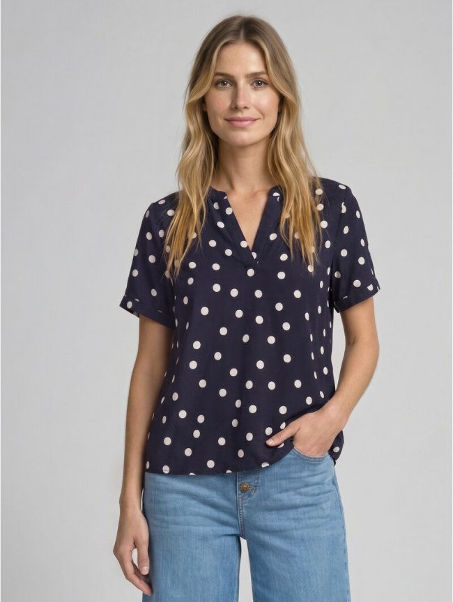 Tom Tailor Loose Fit Bluse mit V-Ausschnitt - Navy Big Dot Design Tom Tailor Loose Fit Bluse mit V-Ausschnitt - Navy Big Dot Design