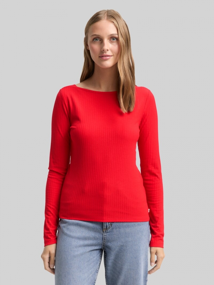 Tom Tailor Slim Fit Langarmshirt mit U-Boot-Ausschnitt - Brilliant Red Tom Tailor Slim Fit Langarmshirt mit U-Boot-Ausschnitt - Brilliant Red