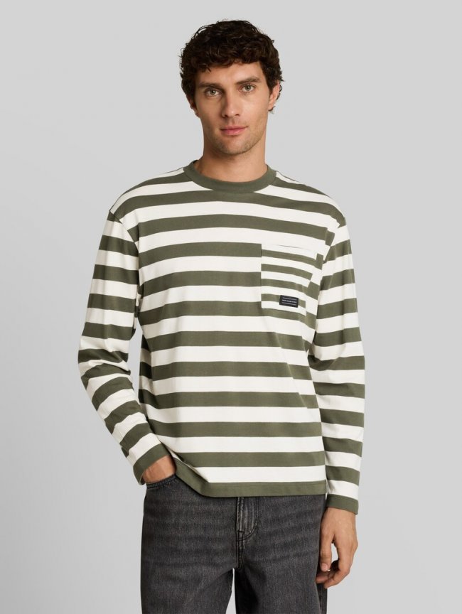 Tom Tailor Relaxed Fit Langarmshirt mit Streifenmuster - Olive Green Gardenia Stripe