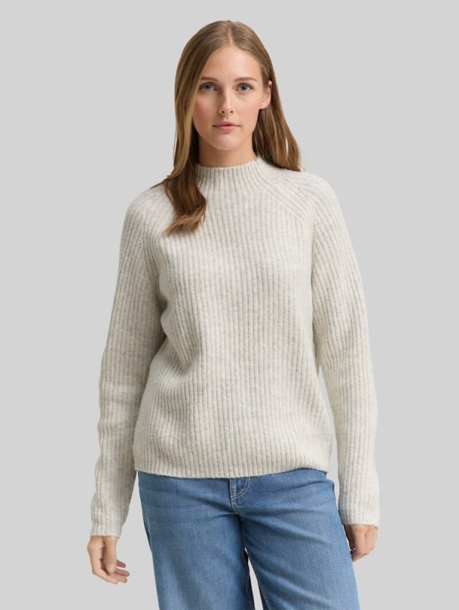 Tom Tailor Relaxed Fit Strickpullover mit Stehkragen - Marble Beige Melange Tom Tailor Relaxed Fit Strickpullover mit Stehkragen - Marble Beige Melange