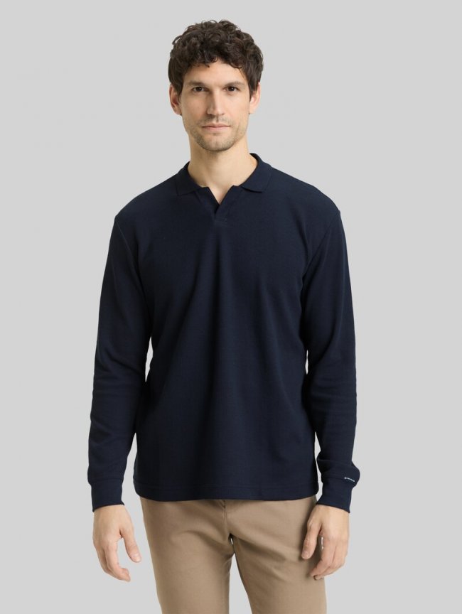 Tom Tailor Langarm Poloshirt mit Waffelstruktur - Sky Captain Blue Tom Tailor Langarm Poloshirt mit Waffelstruktur - Sky Captain Blue