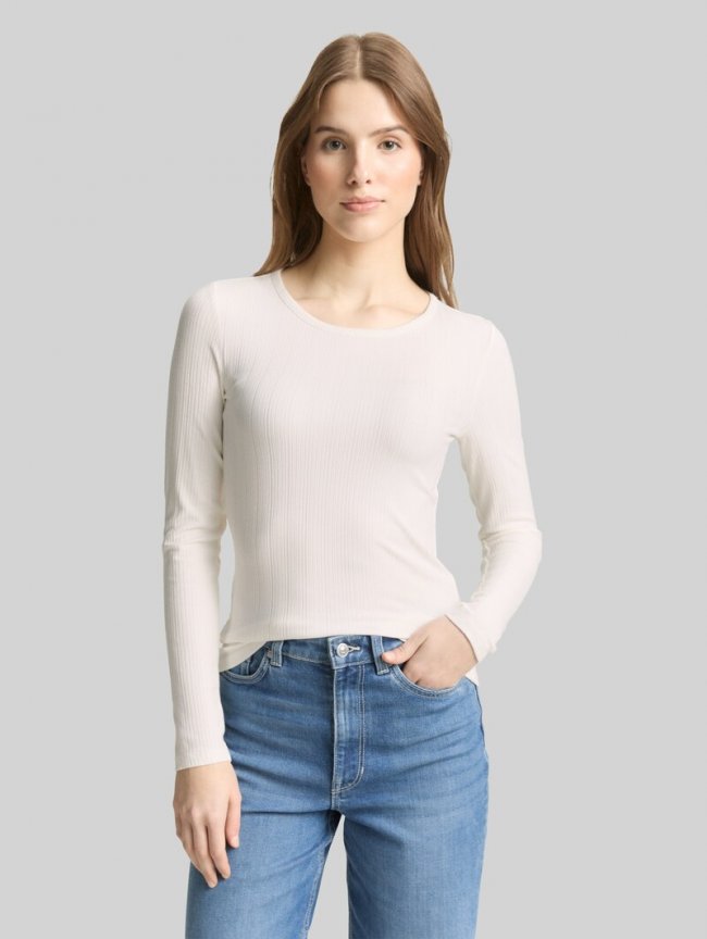Tom Tailor Slim Fit Langarmshirt mit Rippstruktur - Off White Tom Tailor Slim Fit Langarmshirt mit Rippstruktur - Off White