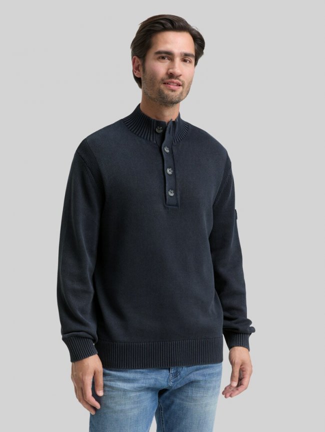 Tom Tailor Troyer Strickpullover im Washed-Look aus Baumwolle - Sky Captain Blue Tom Tailor Troyer Strickpullover im Washed-Look aus Baumwolle - Sky Captain Blue