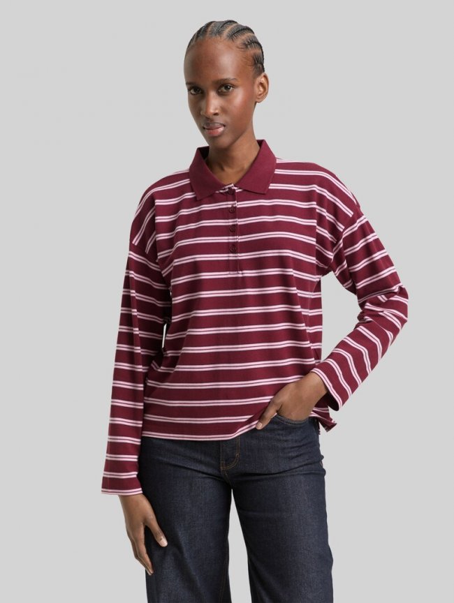 Tom Tailor Boxy Fit Langarm Poloshirt mit Streifenmuster - Red Pink Multicolor Stripe Tom Tailor Boxy Fit Langarm Poloshirt mit Streifenmuster - Red Pink Multicolor Stripe